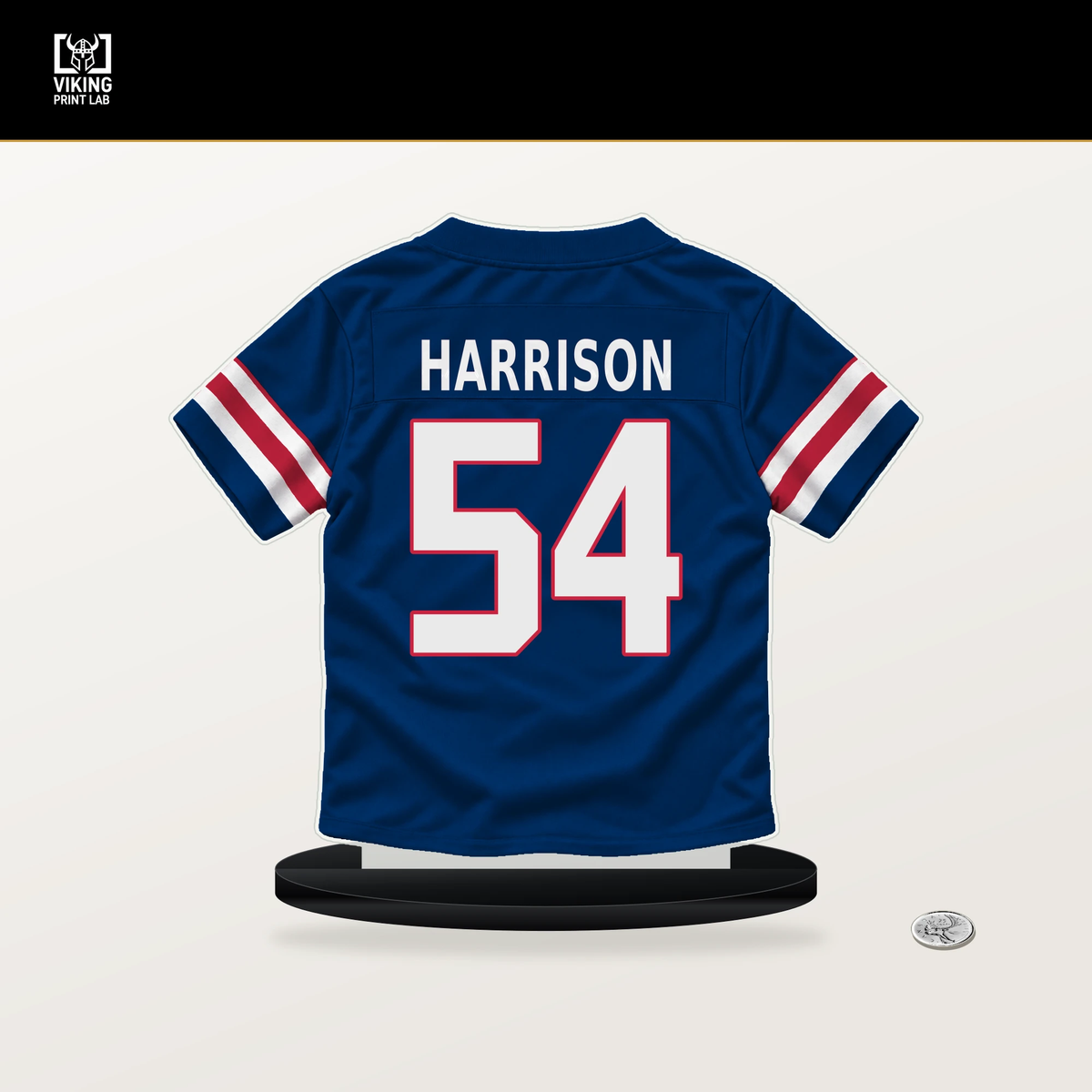 Malik Harrison number 54 New York Giants jersey stand with included black base.