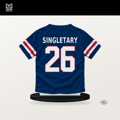 Devin Singletary number 26 New York Giants jersey stand with included black base.