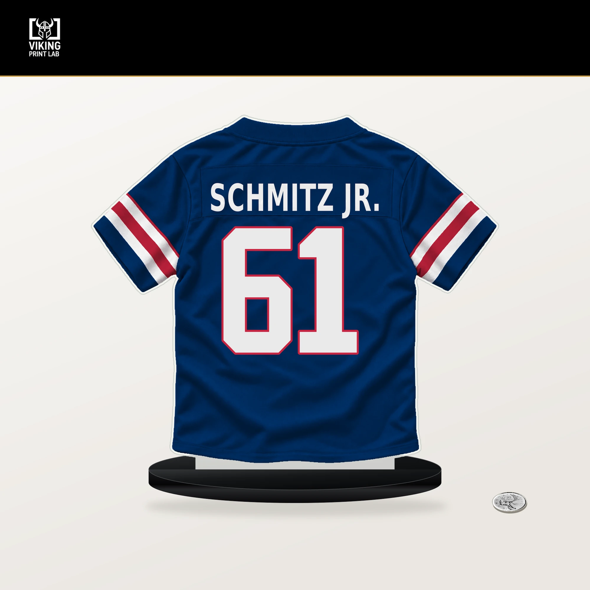 John Michael Schmitz Jr. number 61 New York Giants jersey stand with included black base.
