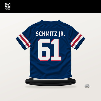 John Michael Schmitz Jr. number 61 New York Giants jersey stand with included black base.