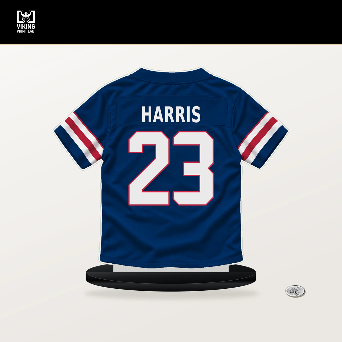 Najee Harris number 23 New York Giants jersey stand with included black base.