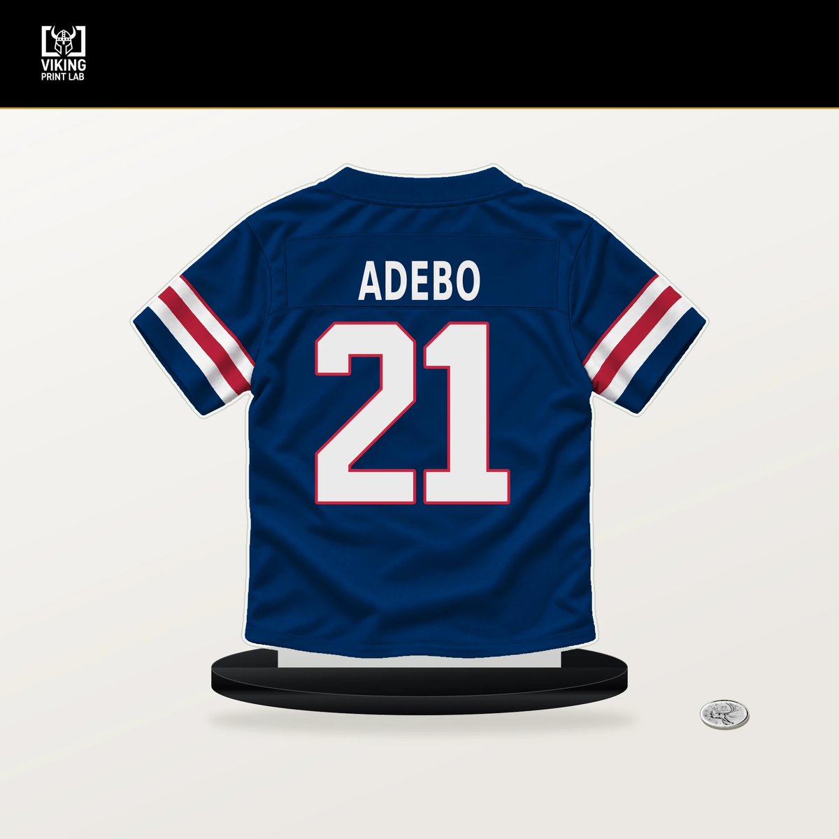 Paulson Adebo number 21 New York Giants jersey stand with included black base.