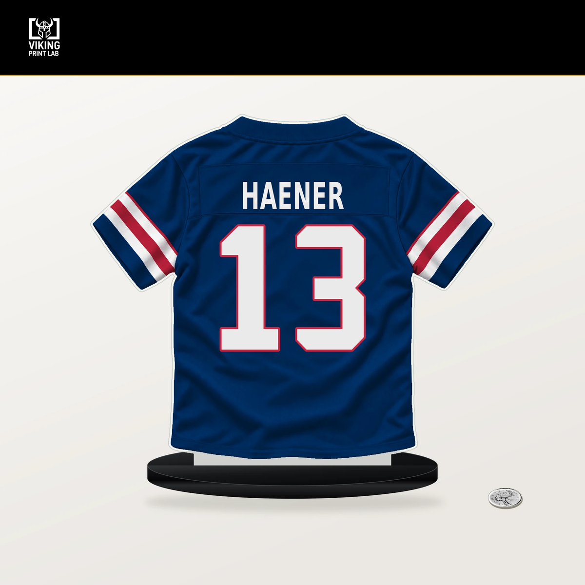 Jake Haener number 13 New York Giants jersey stand with included black base.