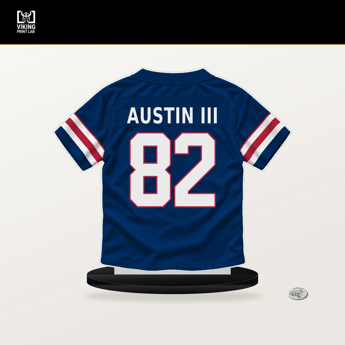 Calvin Austin III number 82 New York Giants jersey stand with included black base.
