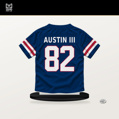 Calvin Austin III number 82 New York Giants jersey stand with included black base.