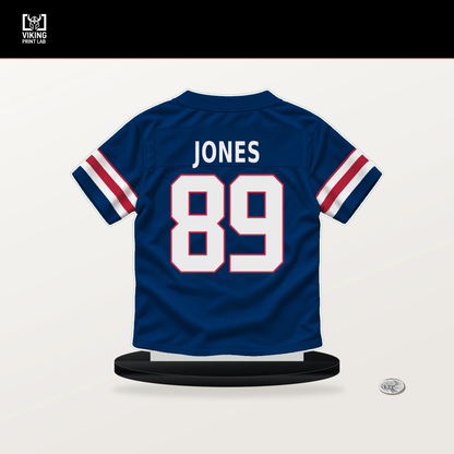 Charlie Jones number 89 New York Giants jersey stand with included black base.