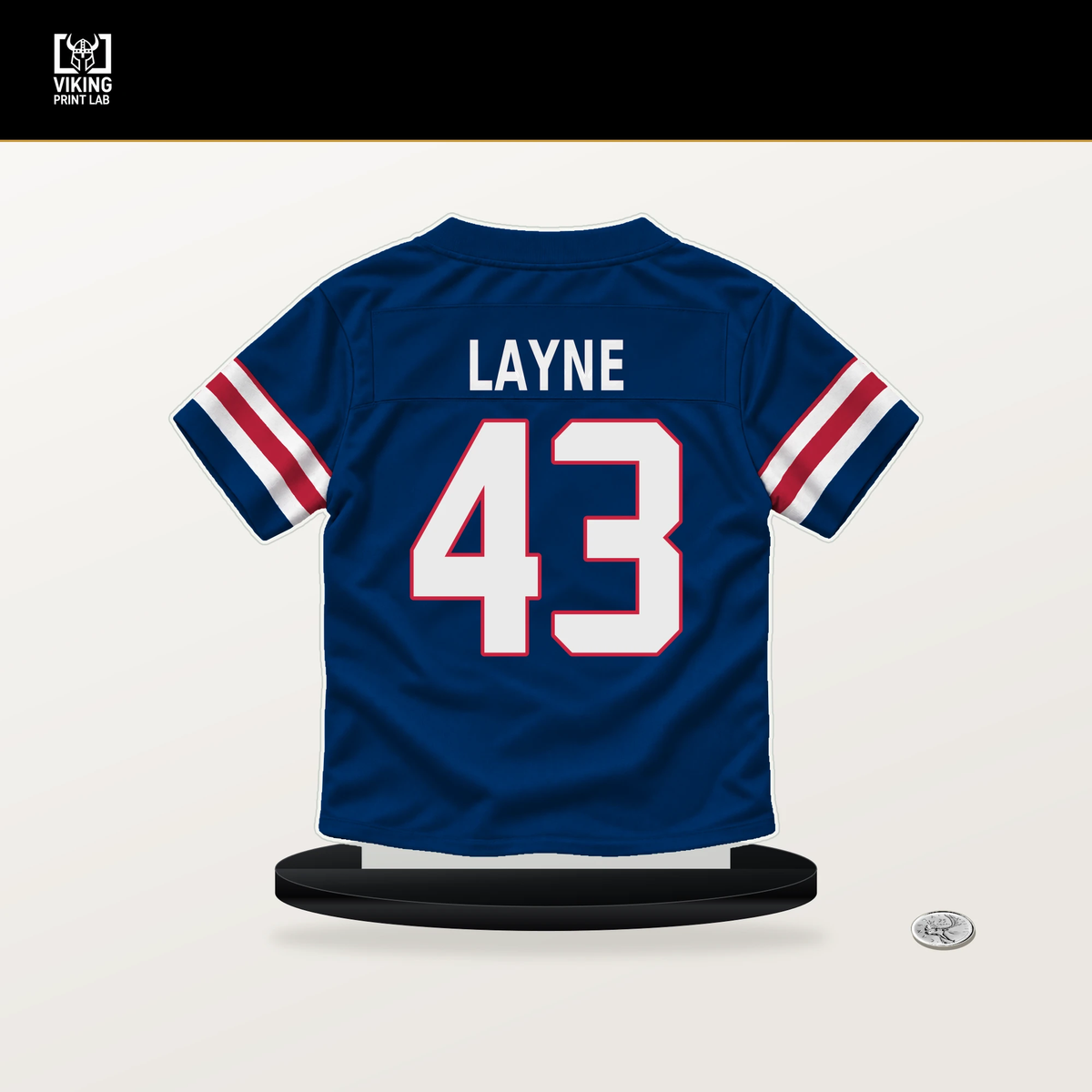 Raheem Layne number 43 New York Giants jersey stand with included black base.