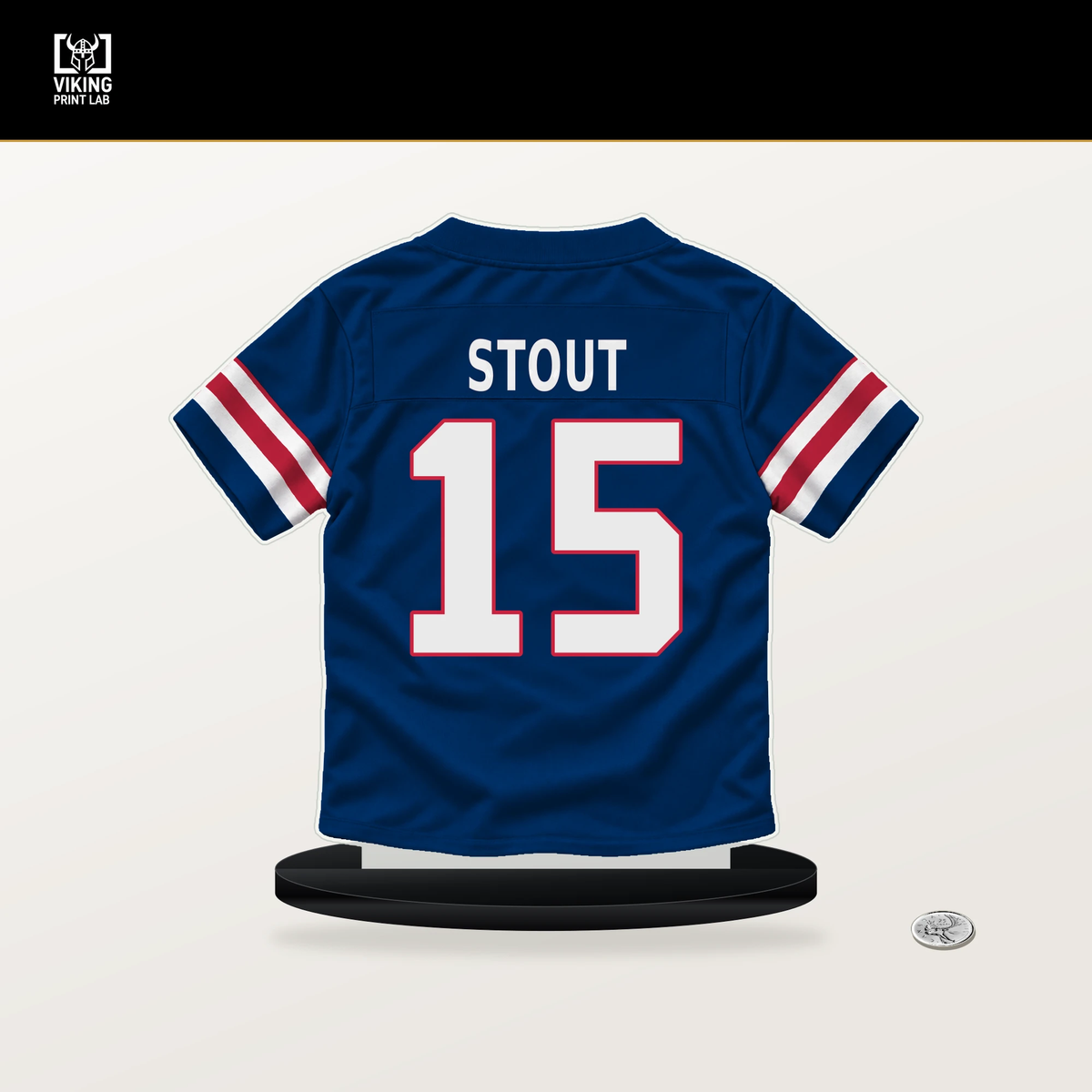 Jordan Stout number 15 New York Giants jersey stand with included black base.