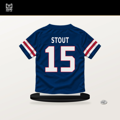 Jordan Stout number 15 New York Giants jersey stand with included black base.