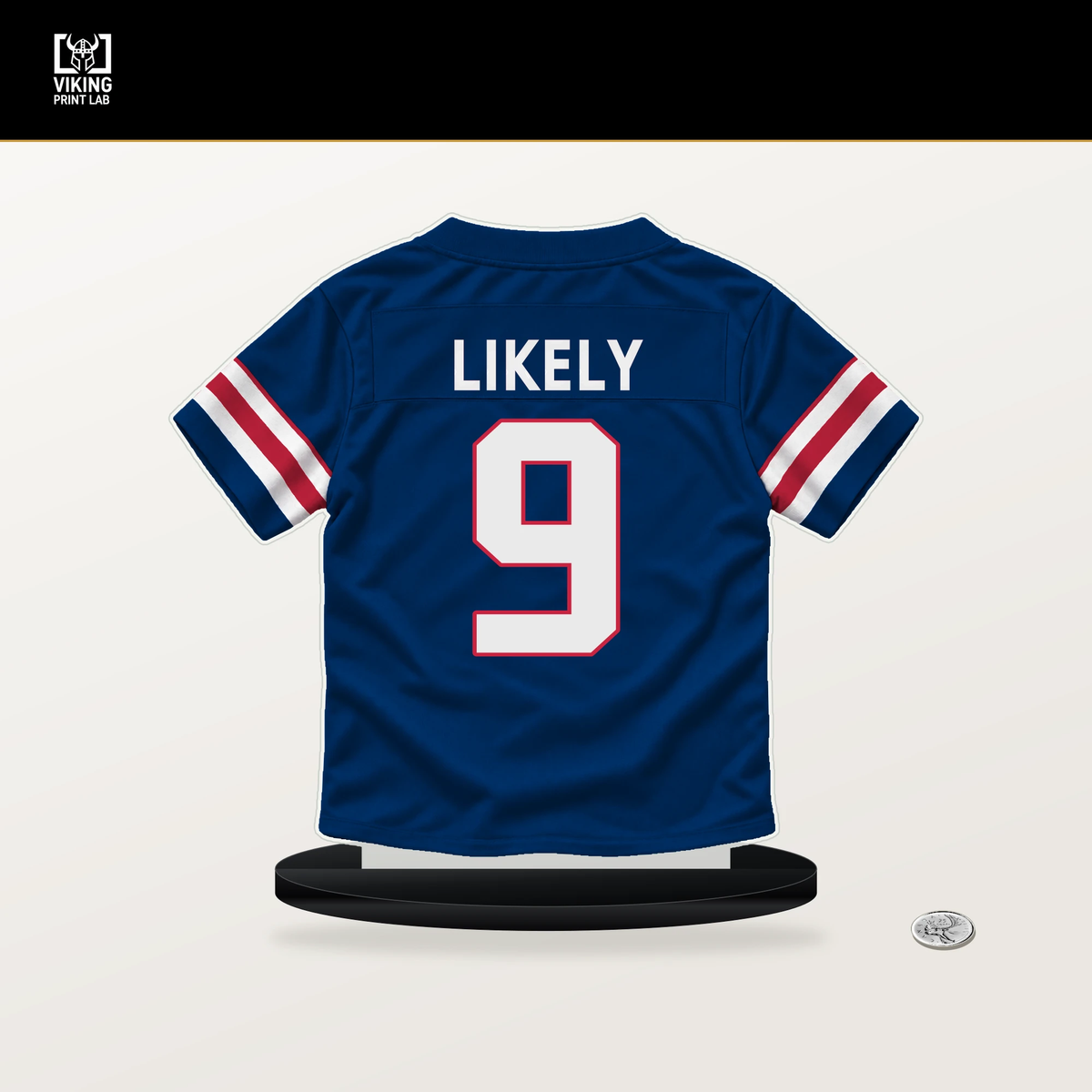 Isaiah Likely number 9 New York Giants jersey stand with included black base.