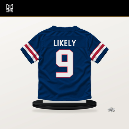 Isaiah Likely number 9 New York Giants jersey stand with included black base.