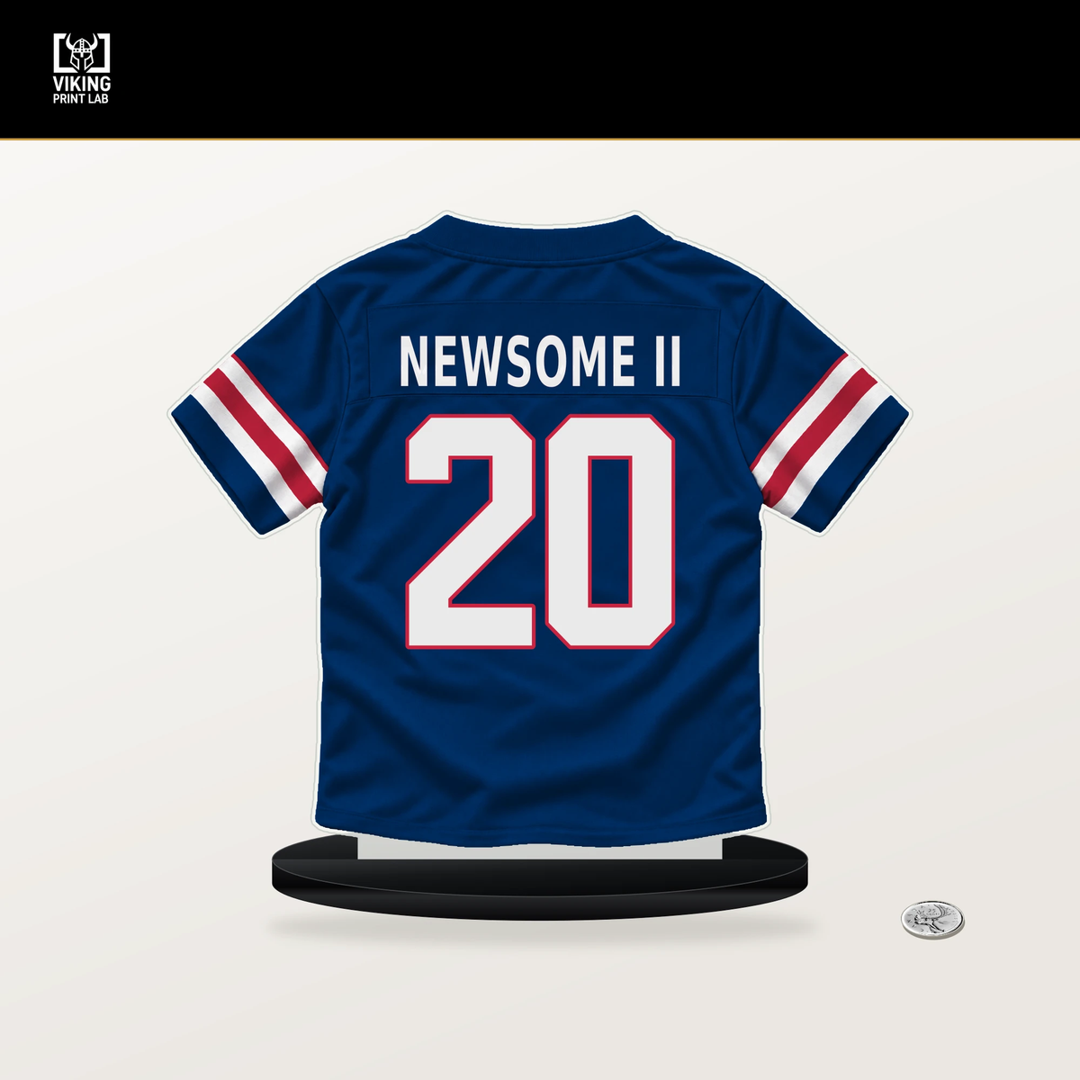 Greg Newsome II number 20 New York Giants jersey stand with included black base.