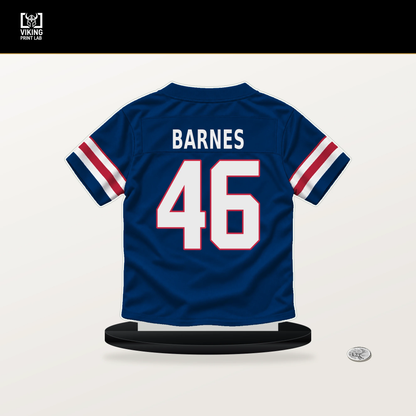 Zaire Barnes number 46 New York Giants jersey stand with included black base.