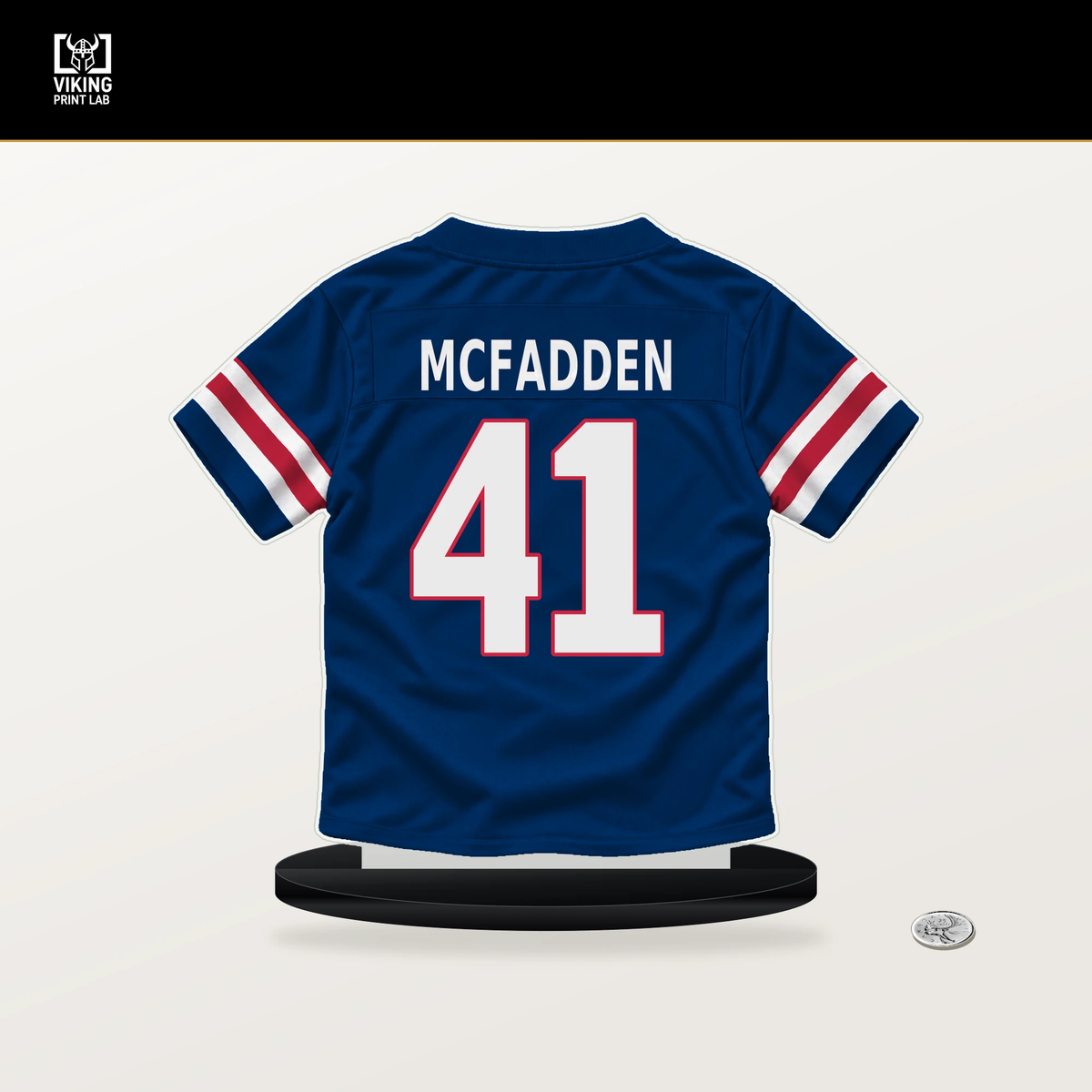 Micah McFadden number 41 New York Giants jersey stand with included black base.
