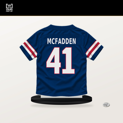 Micah McFadden number 41 New York Giants jersey stand with included black base.