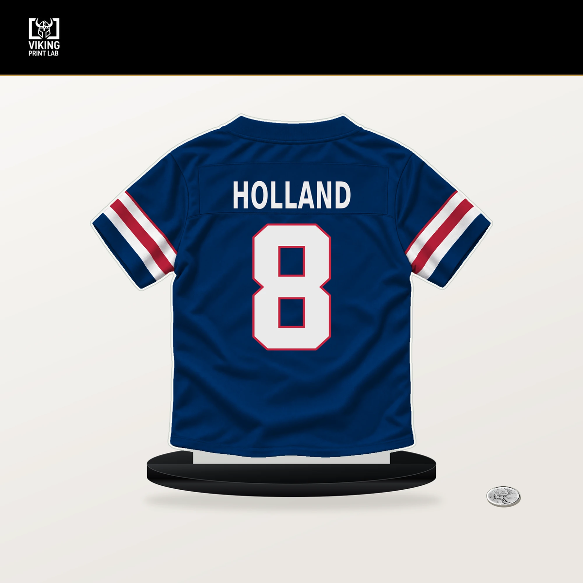 Jevon Holland number 8 New York Giants jersey stand with included black base.