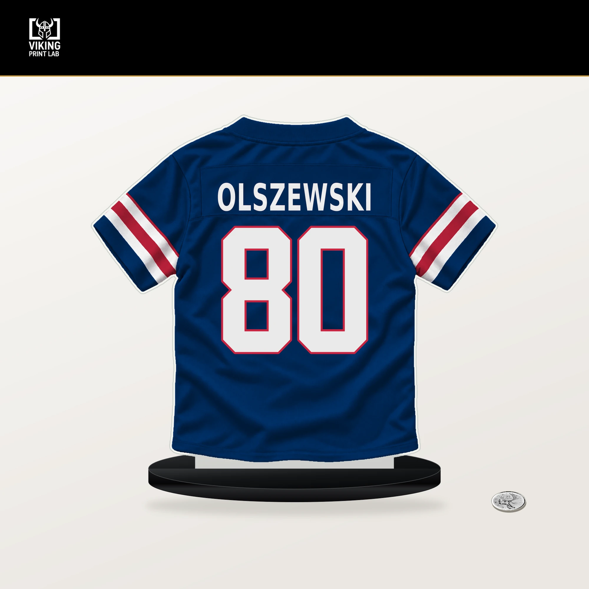Gunner Olszewski number 80 New York Giants jersey stand with included black base.
