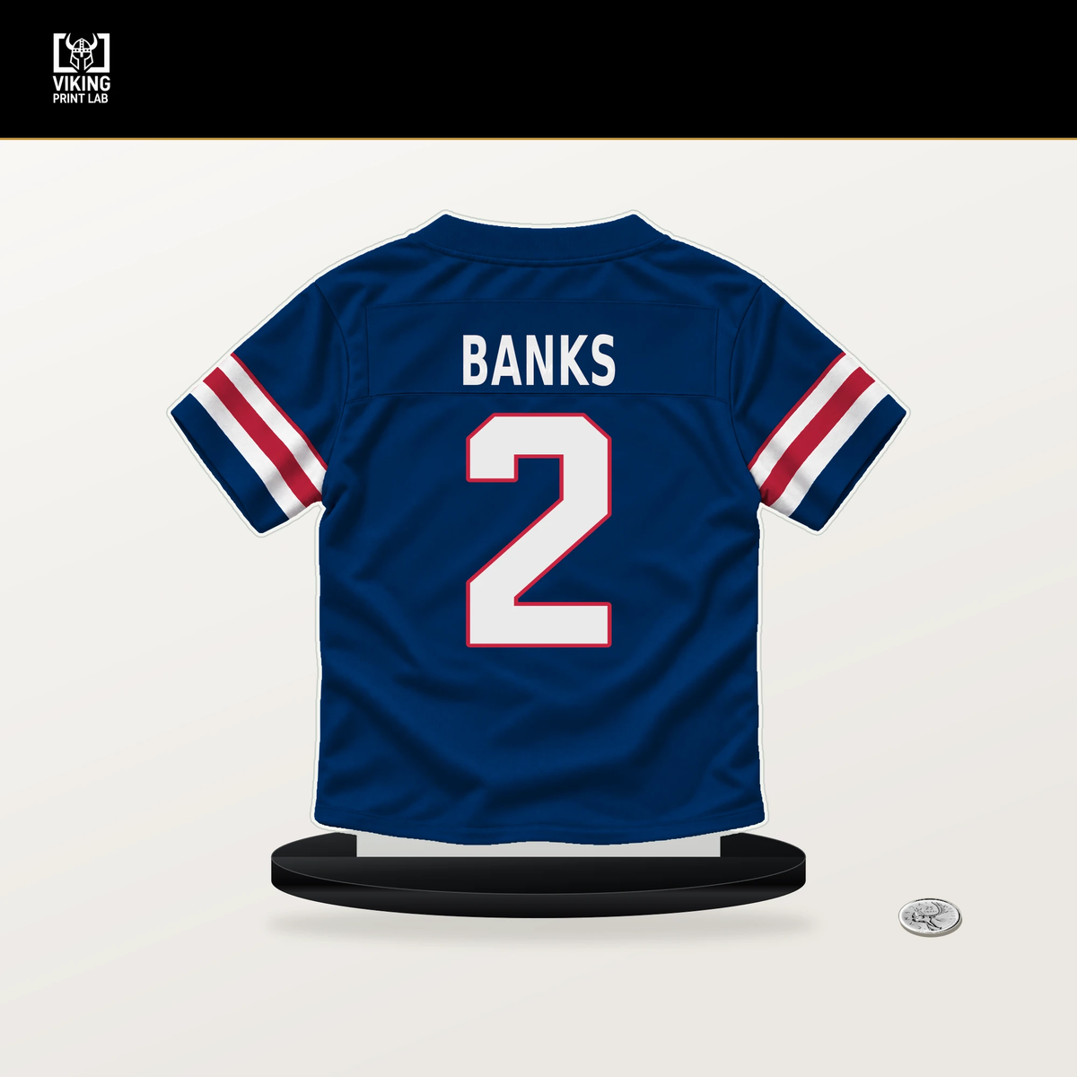 Deonte Banks number 2 New York Giants jersey stand with included black base.