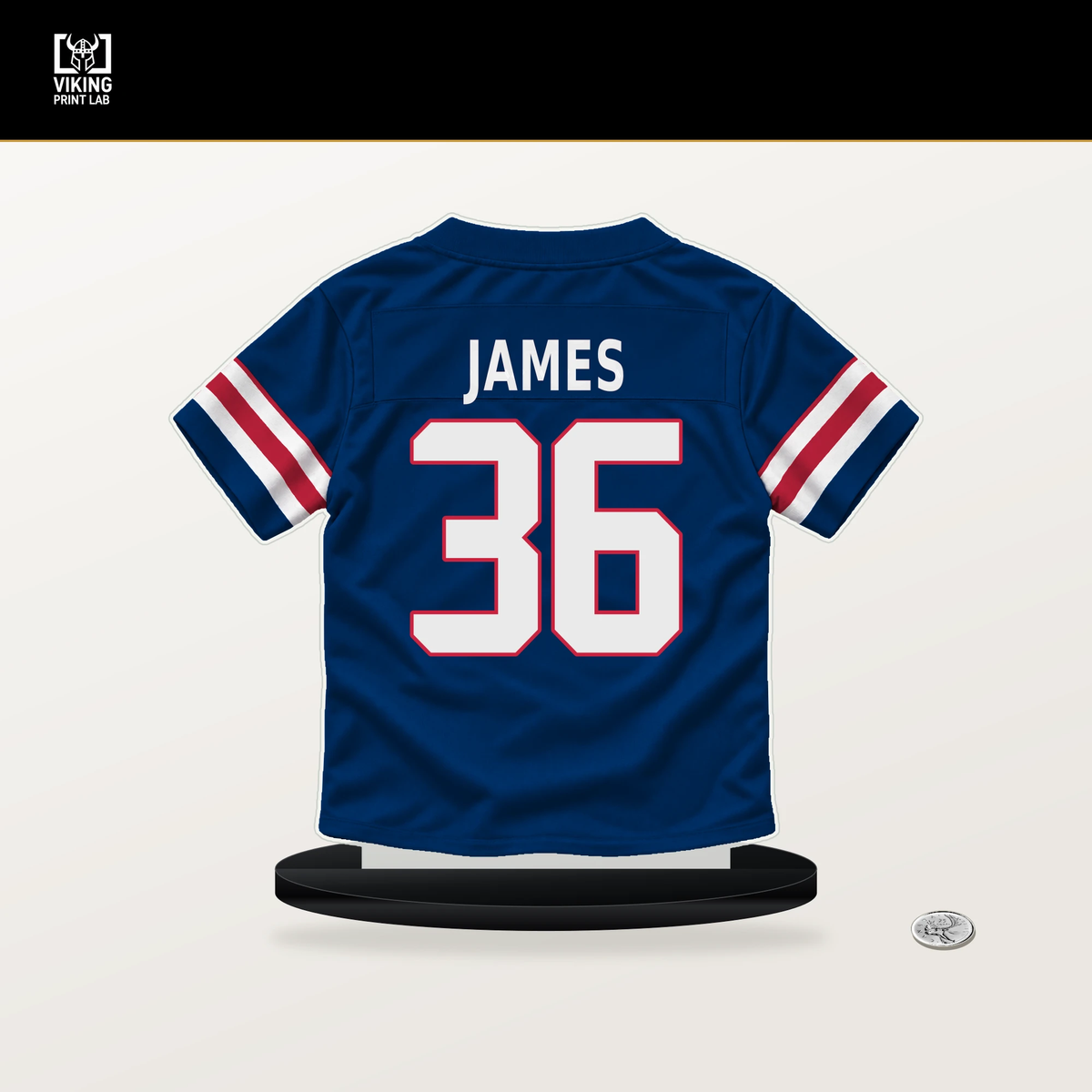 DJ James number 36 New York Giants jersey stand with included black base.