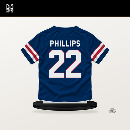 Dru Phillips number 22 New York Giants jersey stand with included black base.