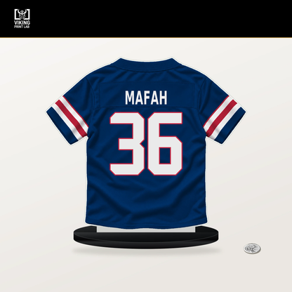 Phil Mafah number 36 New York Giants jersey stand with included black base.