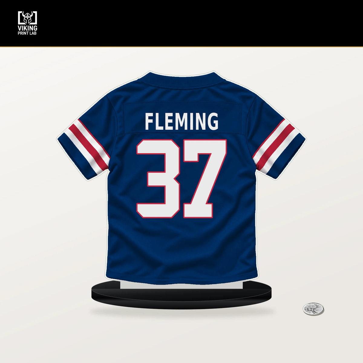 Dontae Fleming number 37 New York Giants jersey stand with included black base.