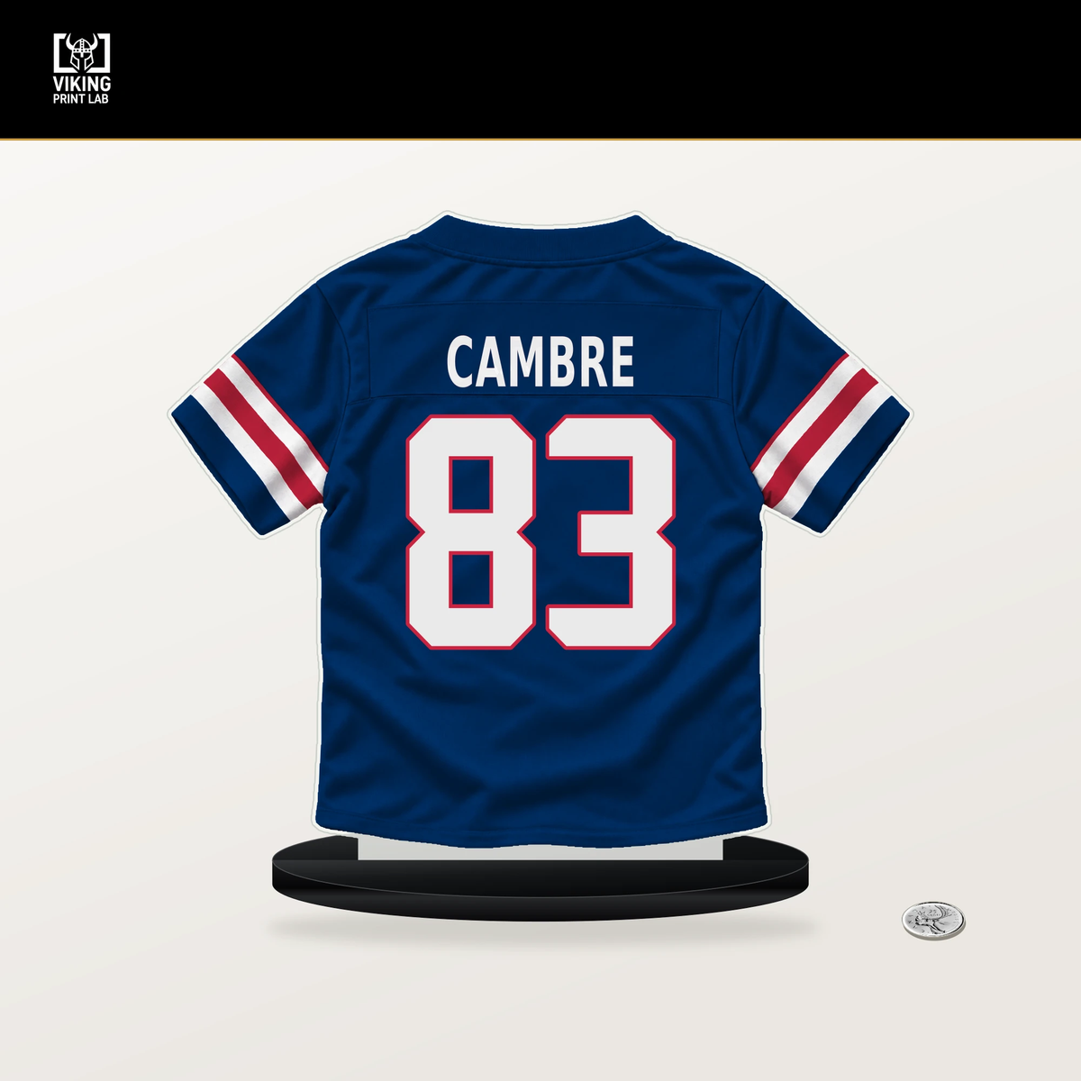 Dalen Cambre number 83 New York Giants jersey stand with included black base.
