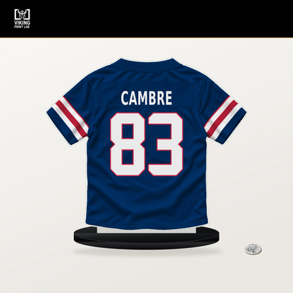 Dalen Cambre number 83 New York Giants jersey stand with included black base.