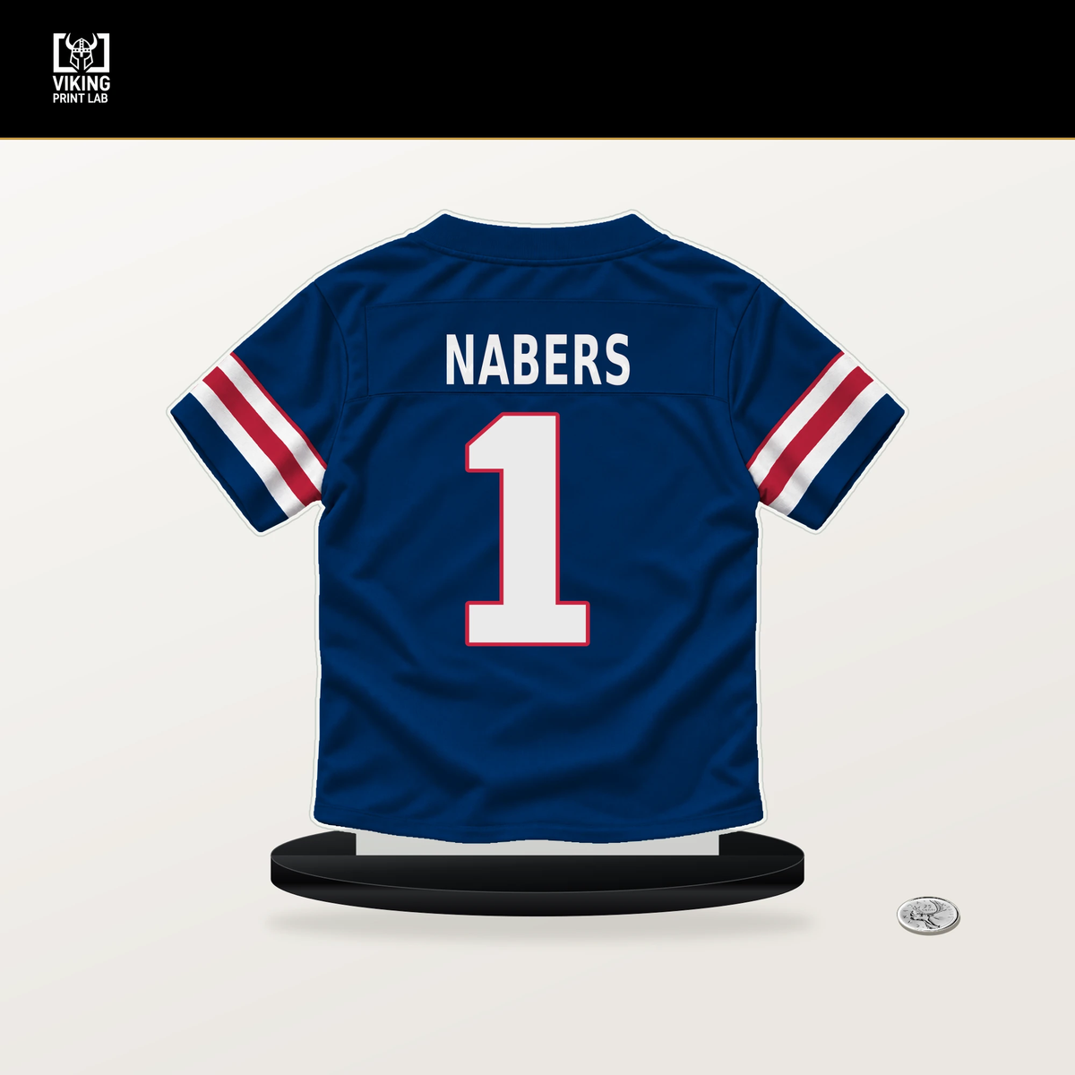 Malik Nabers number 1 New York Giants jersey stand with included black base.