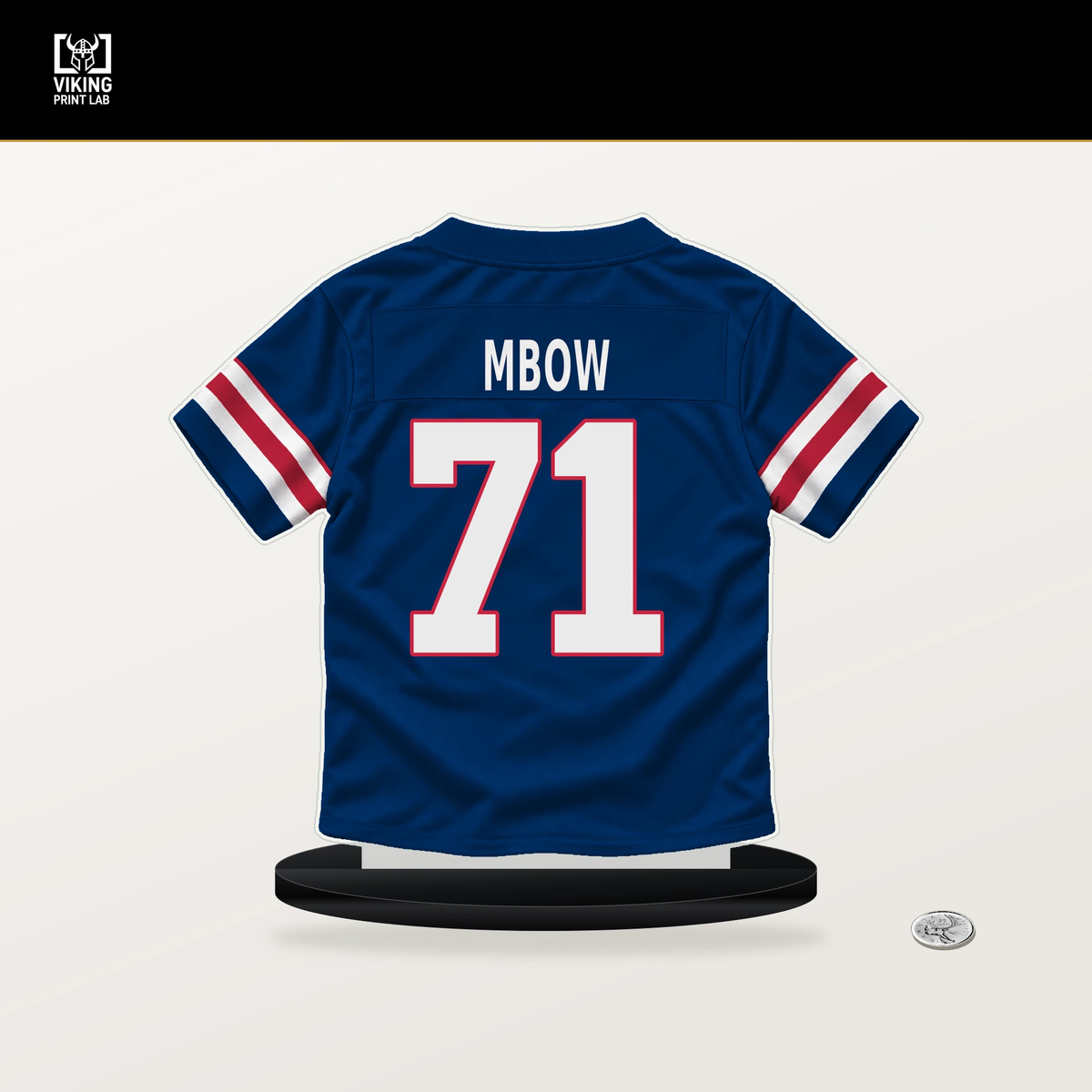 Marcus Mbow number 71 New York Giants jersey stand with included black base.