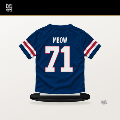 Marcus Mbow number 71 New York Giants jersey stand with included black base.