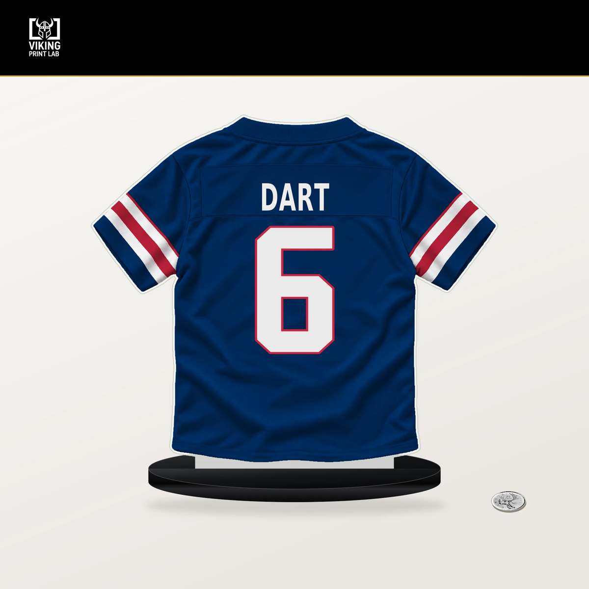 Jaxson Dart number 6 New York Giants jersey stand with included black base.