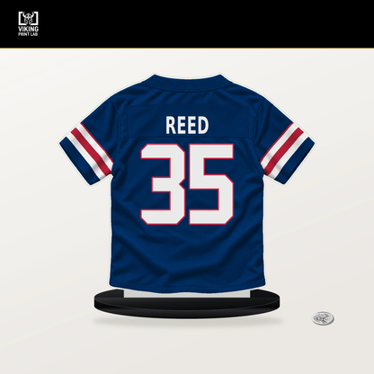 Nikko Reed number 35 New York Giants jersey stand with included black base.