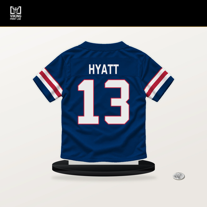 Jalin Hyatt number 13 New York Giants jersey stand with included black base.