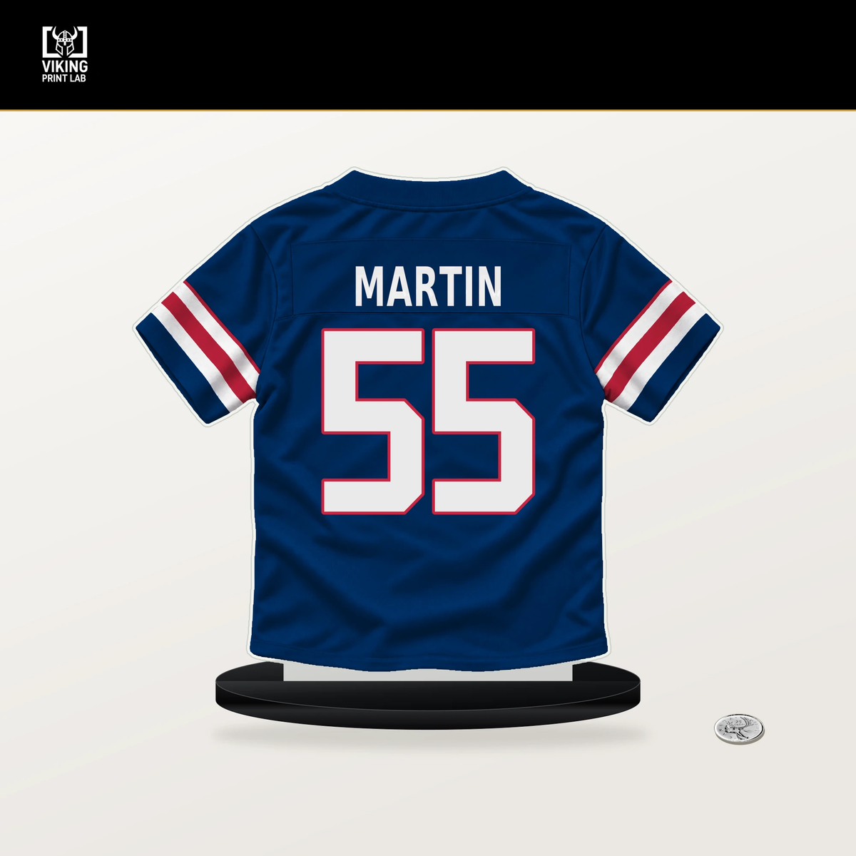 Chandler Martin number 55 New York Giants jersey stand with included black base.