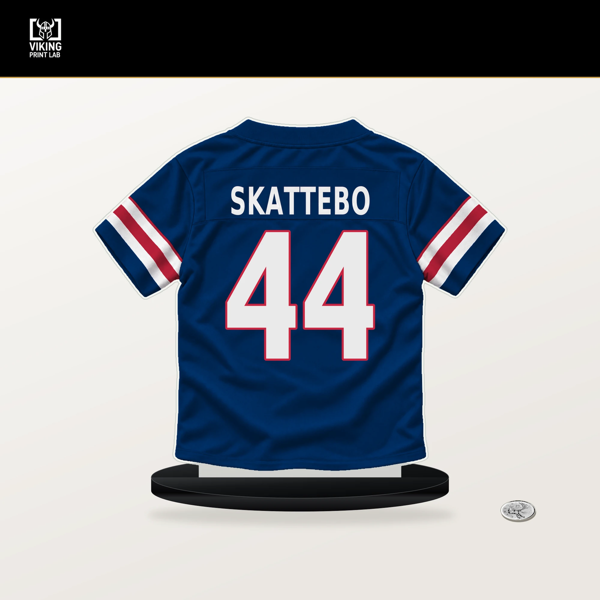 Cam Skattebo number 44 New York Giants jersey stand with included black base.