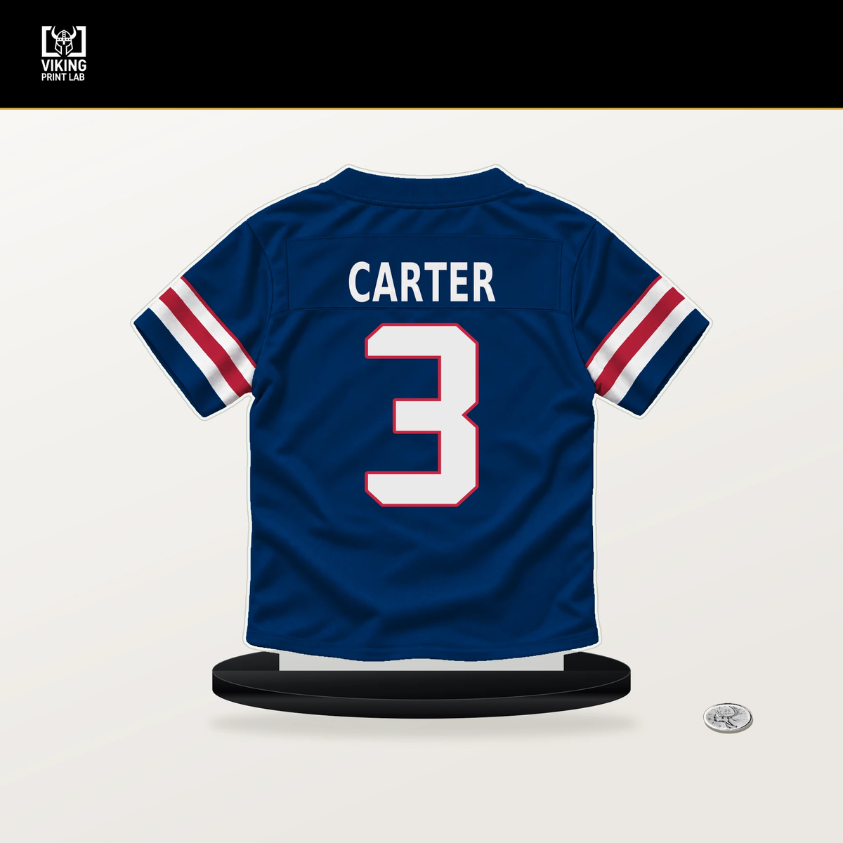 Abdul Carter number 3 New York Giants jersey stand with included black base.