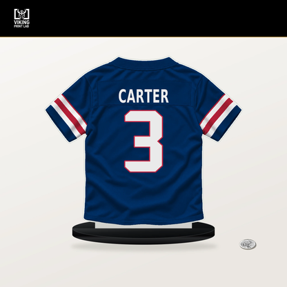 Abdul Carter number 3 New York Giants jersey stand with included black base.