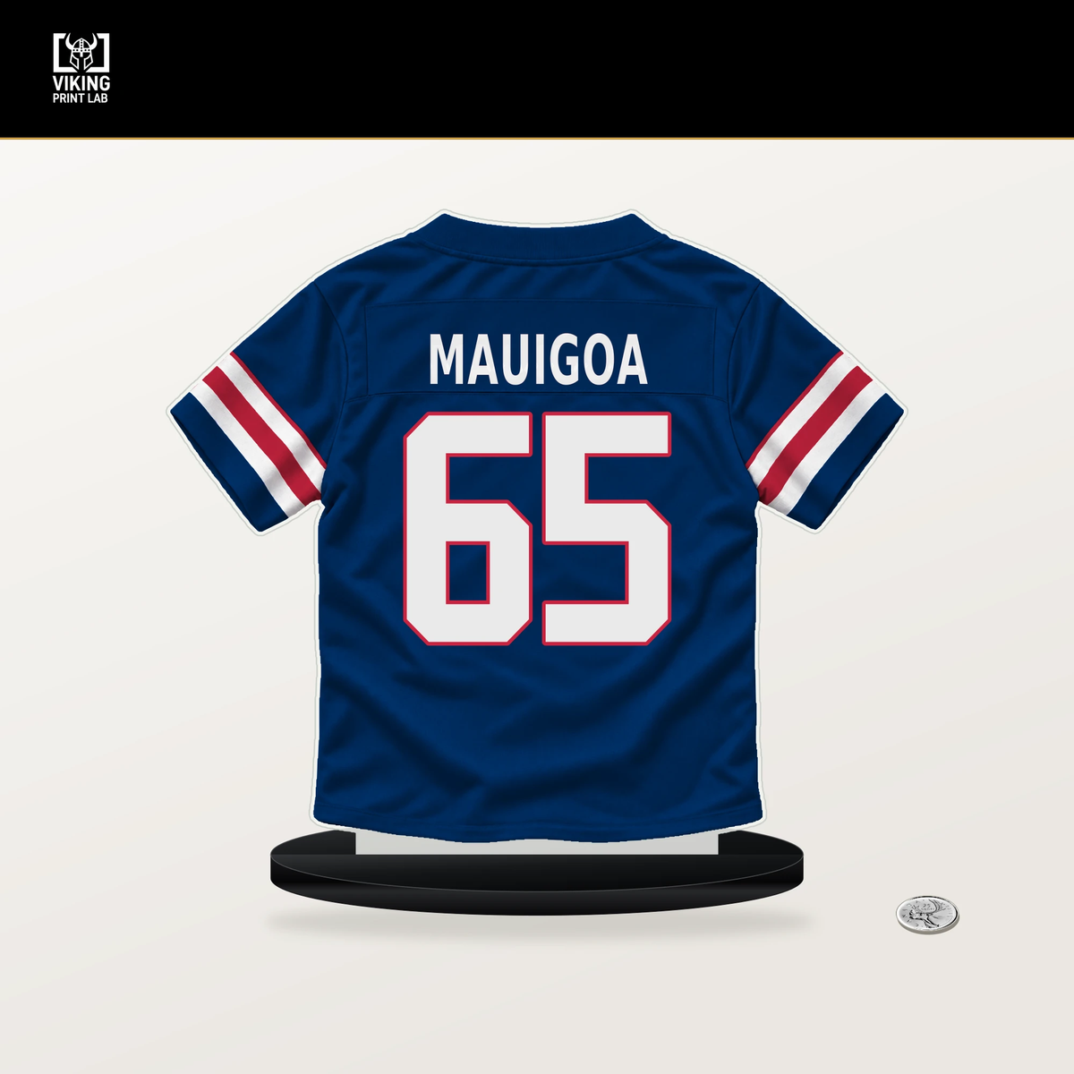 Francis Mauigoa number 65 New York Giants jersey stand with included black base.
