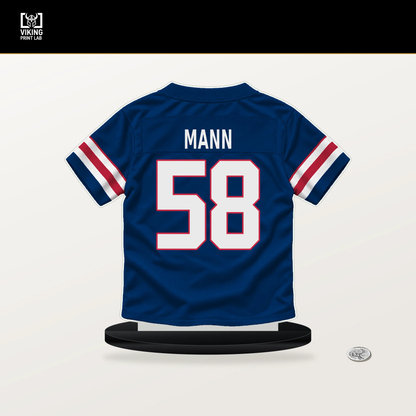Ben Mann number 58 New York Giants jersey stand with included black base.