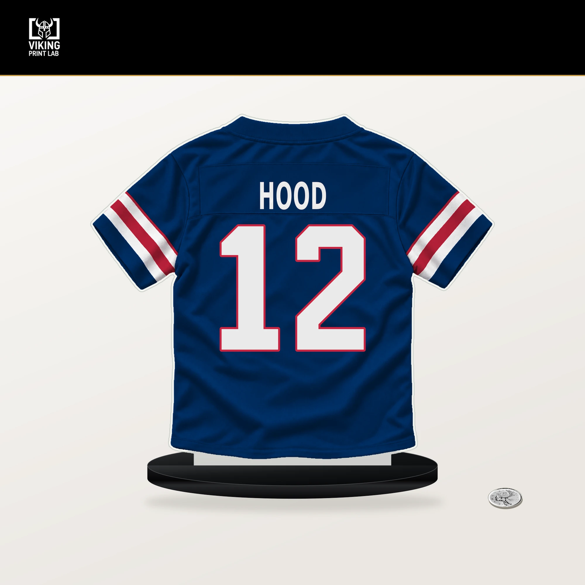 Colton Hood number 12 New York Giants jersey stand with included black base.