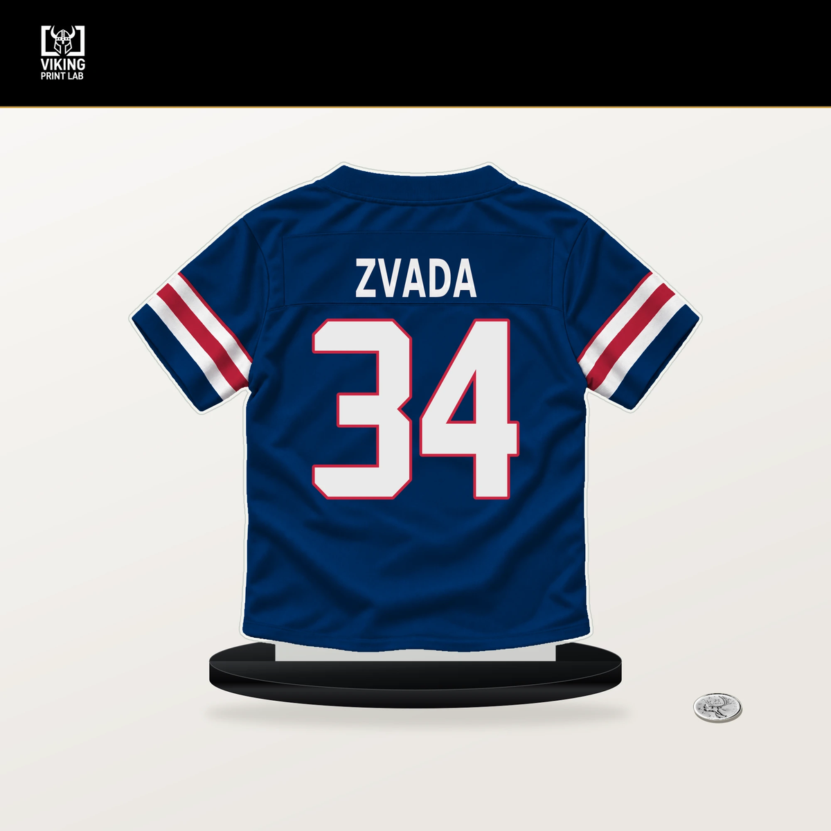 Dominic Zvada number 34 New York Giants jersey stand with included black base.