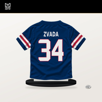 Dominic Zvada number 34 New York Giants jersey stand with included black base.