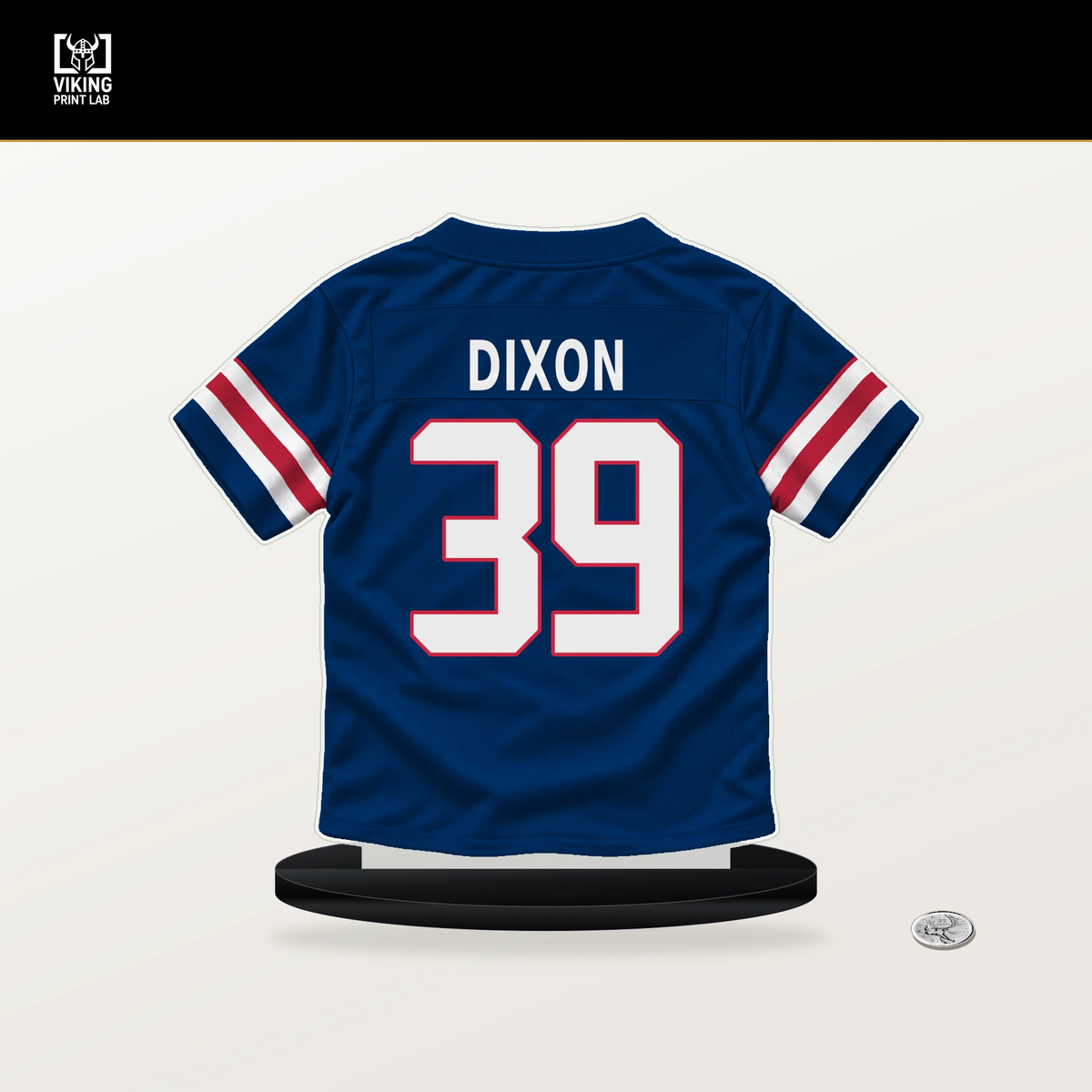 Thaddeus Dixon number 39 New York Giants jersey stand with included black base.