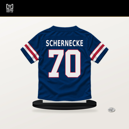 Ryan Schernecke number 70 New York Giants jersey stand with included black base.