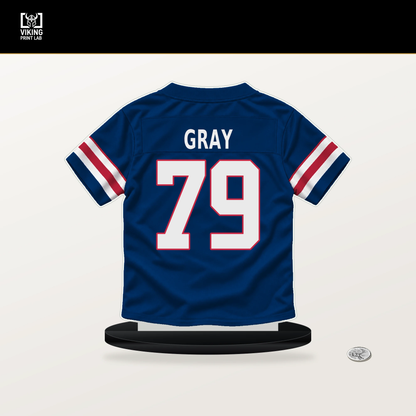 Jarrod Gray number 79 New York Giants jersey stand with included black base.