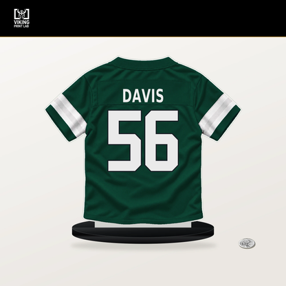 Demario Davis number 56 New York Jets jersey stand with included black base.