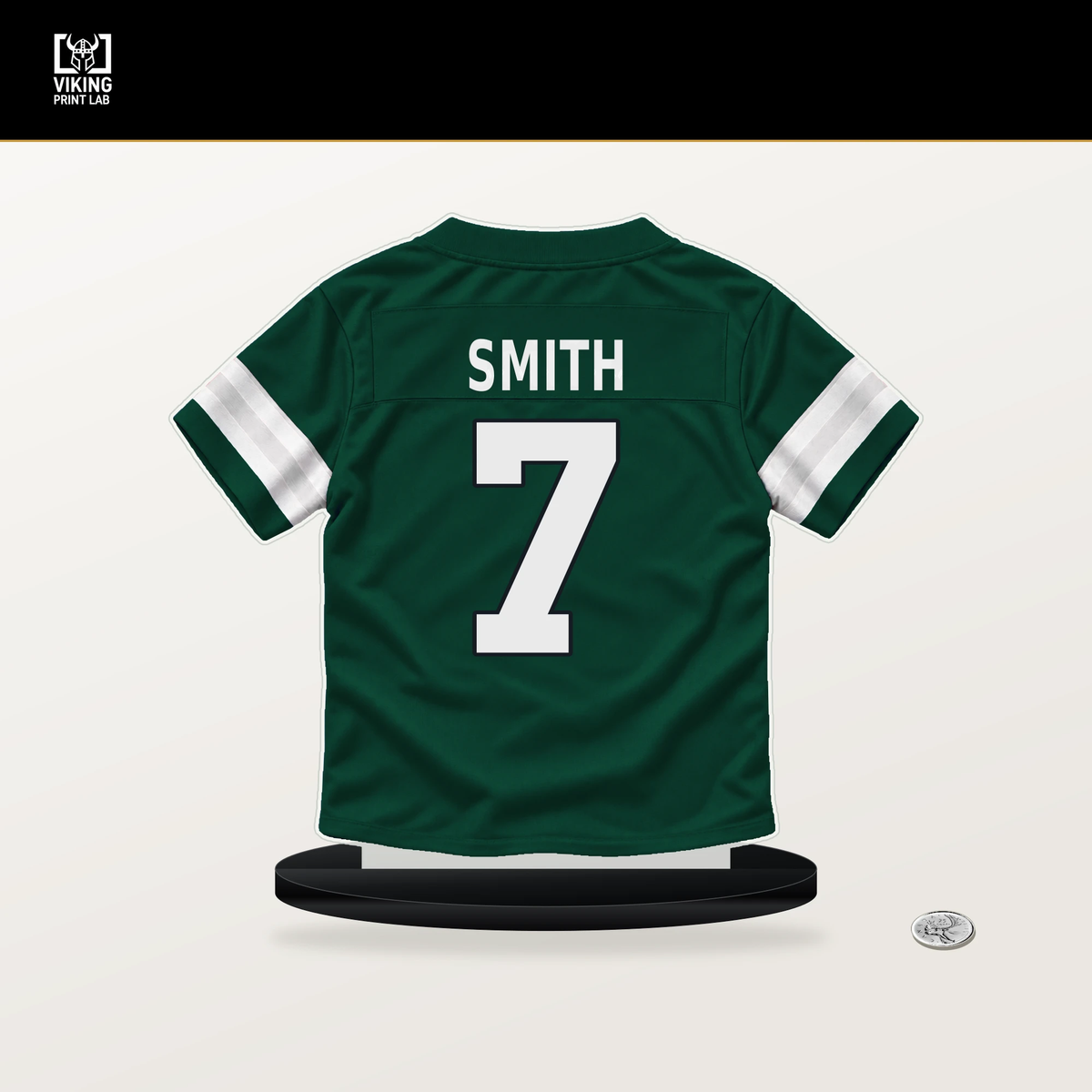 Geno Smith number 7 New York Jets jersey stand with included black base.