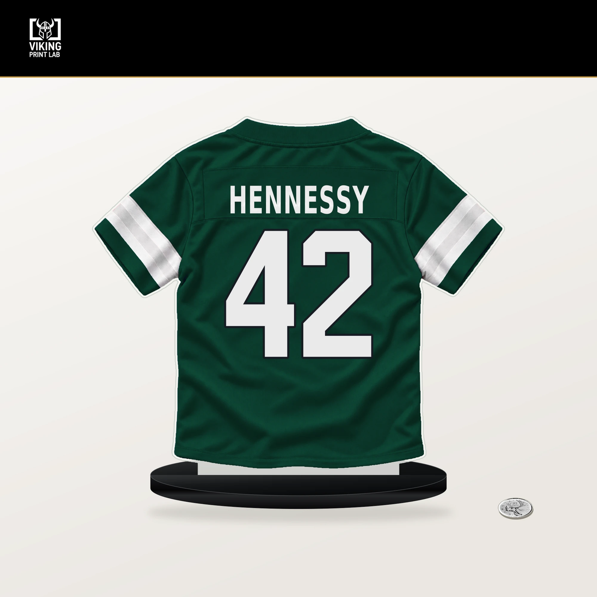 Thomas Hennessy number 42 New York Jets jersey stand with included black base.