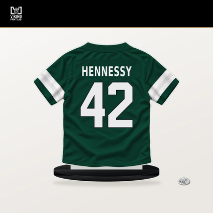 Thomas Hennessy number 42 New York Jets jersey stand with included black base.